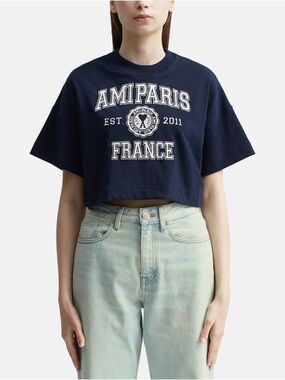 Ami Navy Blue Cropped Graphic Tee with White Logo